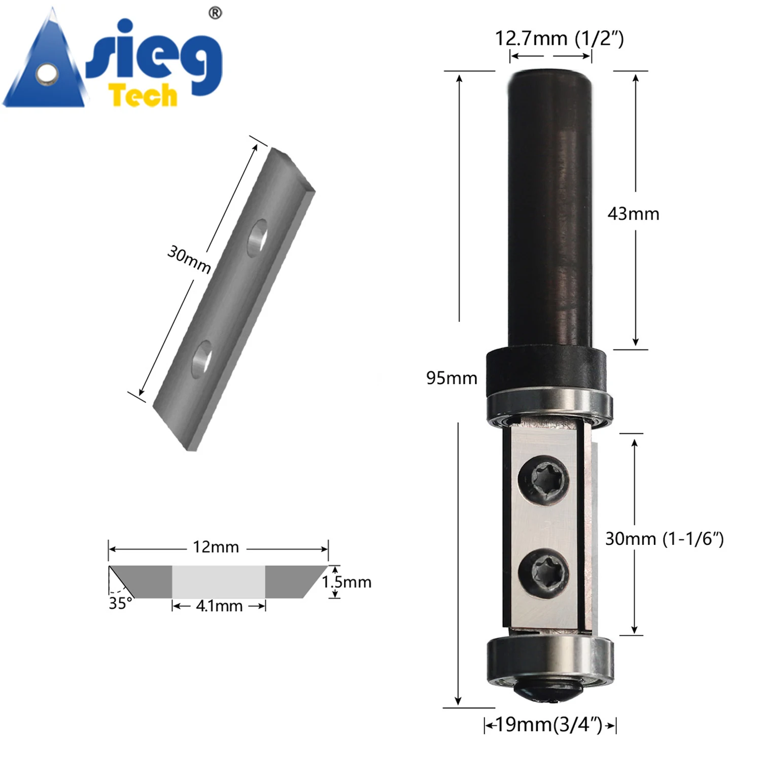 Flush Trim Router Bit 12.7mm 1/2inch Shank Top and Bottom Double Bearings Trimmer 30mm Cut Length with Repaceable Insert Cutter