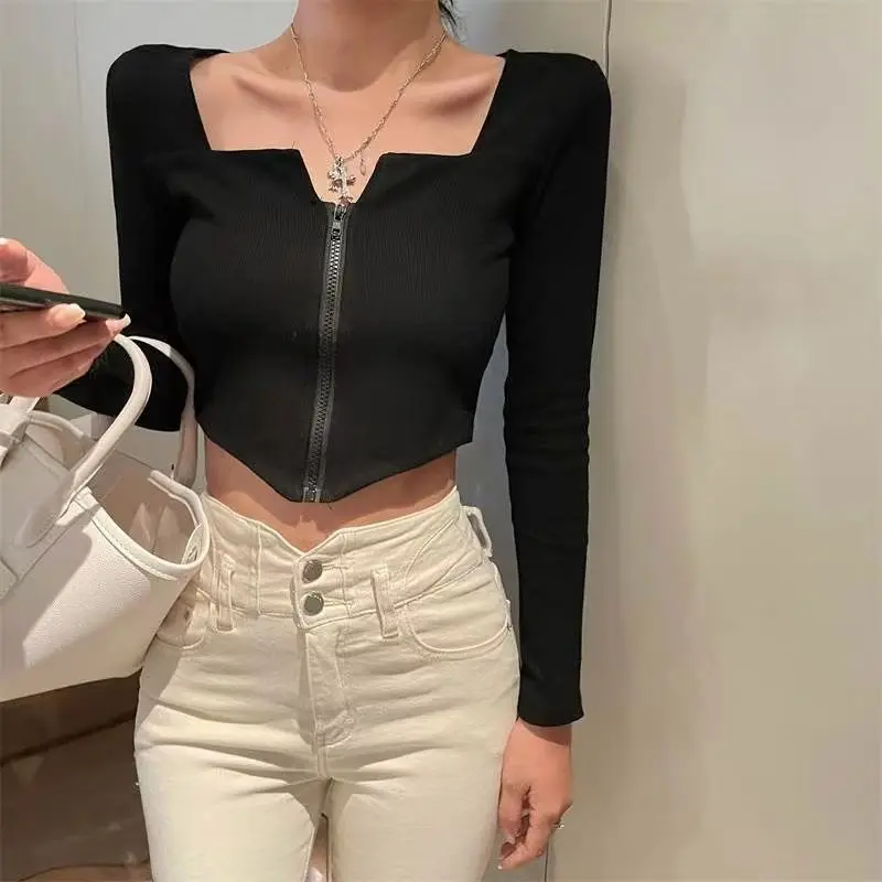 T-shirts Women Zipper Creativity All-match Pure Sexy Basics Delicate Personality Ladies Simple Daily Korean Style Popular New