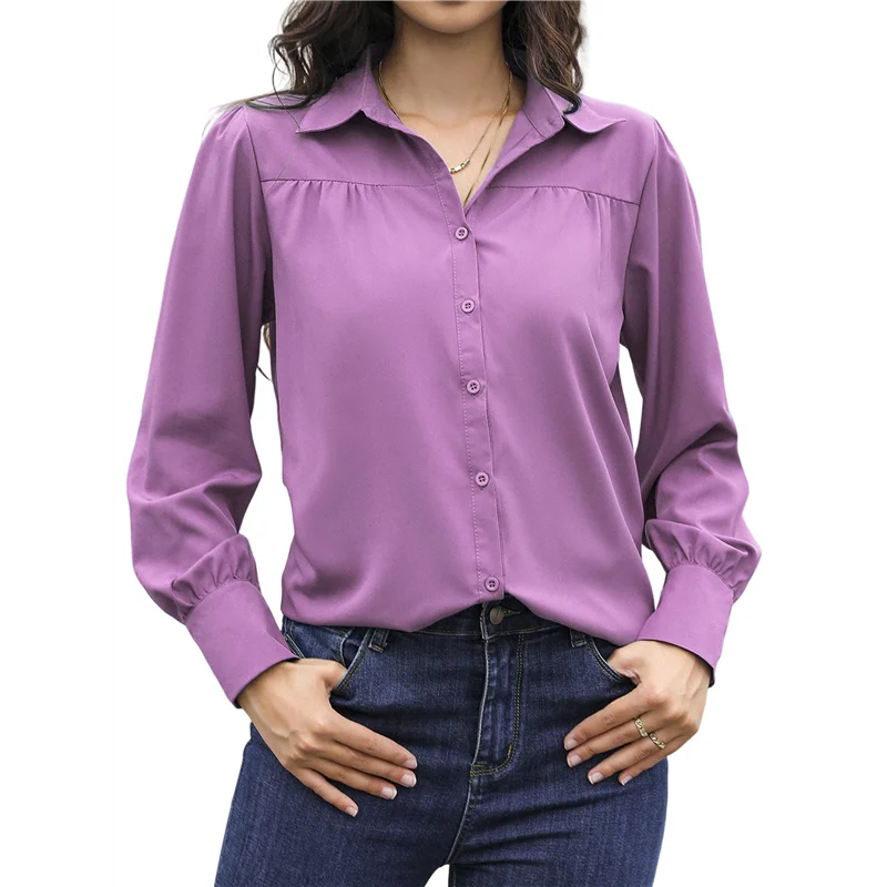 AOAO-Top da donna elegante casual con colletto abbottonato e maniche lunghe, elegante camicetta da lavoro a pieghe sul davanti