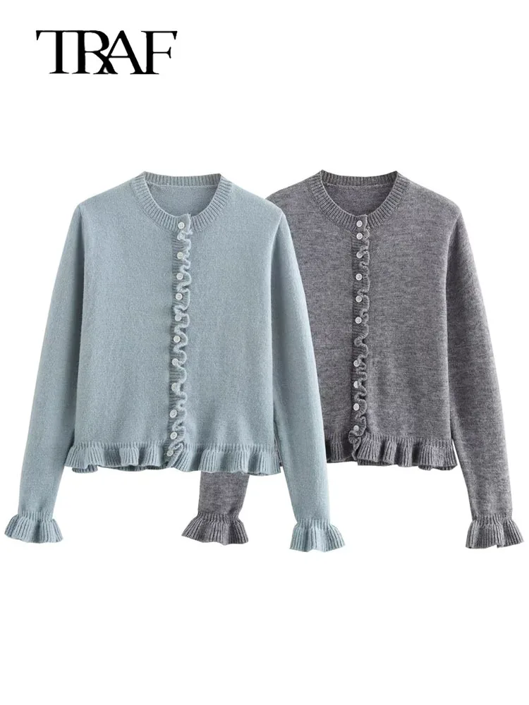 TRAF Women Ruffle Gray Knitted Cardigan Outerwears New Autumn Women Long Sleeve Sweater Elegant Button-Down Cardigan