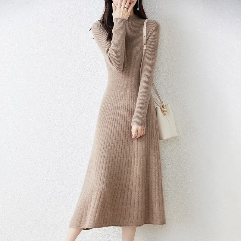 Hot Sale 100% Pure Wool Knitted Sweater Women Long Sleeve Standard Cashmere Knitwear 2023 Winter New Fashion Female Dresses