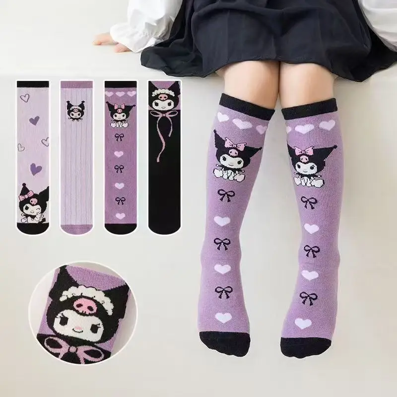 

Sanrio Kuromi Kids 4Pairs Purple Knee Long Socks Kawaii Cartoon Anime Children Soft Breathable Toddler Middle Tube Socks Gift