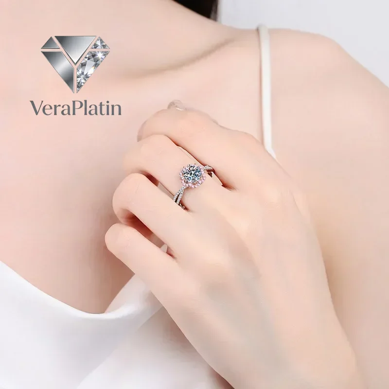 

Подарок на день рождения для девушки VeraPlatin: обручальные кольца из белого золота 18K с муассанитом 1 карат, PT950, на День святого Валентина