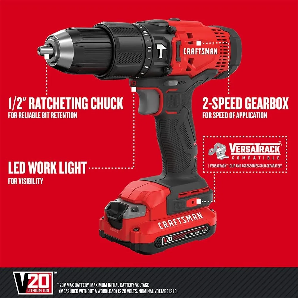 طقم مثقاب مطرقة لاسلكي 20 فولت مع ظرف 1/2 بوصة وبطارية مزدوجة وشاحن متضمن