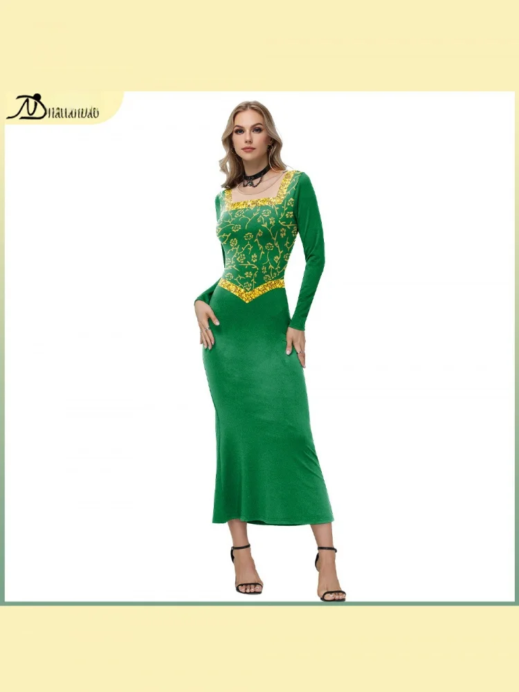 Fsia de Cosplay da Princesa Fiona do Monstro Sek, Vestido Longo Verde, Estilo Escuro, Saia de Poliéster Impra para P...