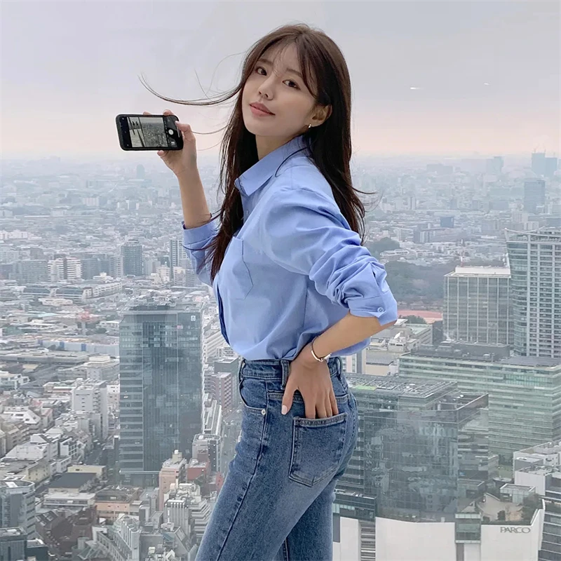 

Blue Long Sleeve Women's Shirt Korean Style Spring Fashion Design Unique Elegant Versatile Top Polyester Fiber Skin-friendly ...