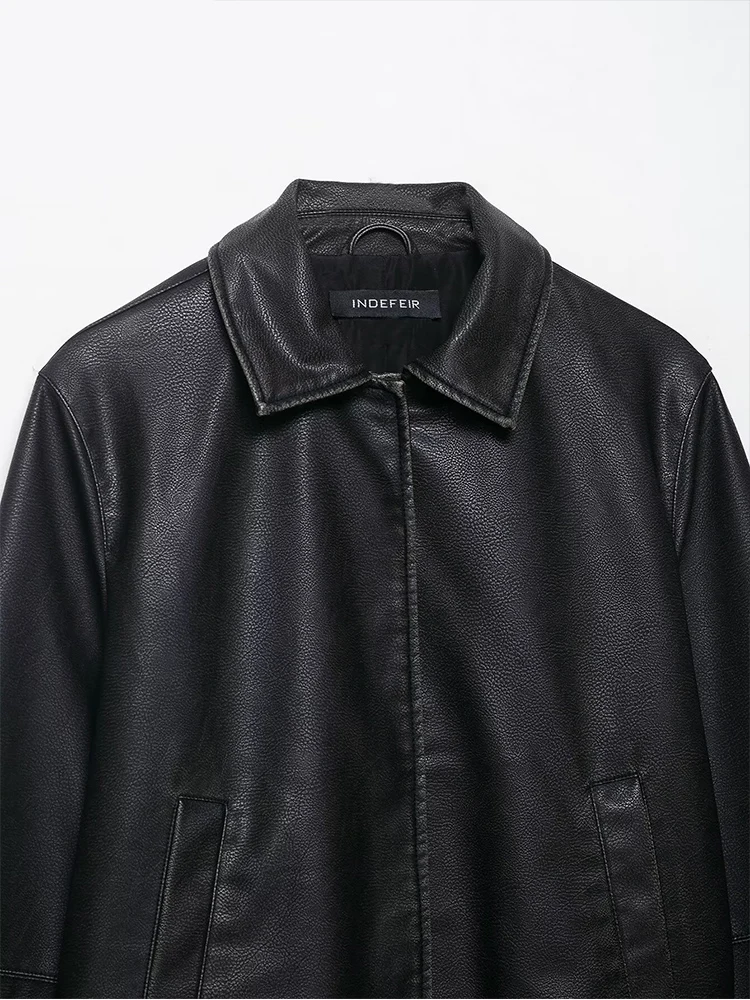 سترة نسائية جديدة على الطراز الأوروبي عصرية ومتعددة الاستخدامات أنيقة غير رسمية بياقة قلابة وأكمام طويلة وجيب من الجلد الصناعي. #5