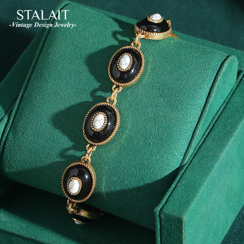 

Vintage Retro Black and White Oval Enamel Bracelets Gold Color Crystal Beads Rhinestones Antique Jewelry Charm Retro Gift New