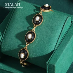 Vintage Retro Black and White Oval Enamel Bracelets Gold Color Crystal Beads Rhinestones Antique Jewelry Charm Retro Gift New