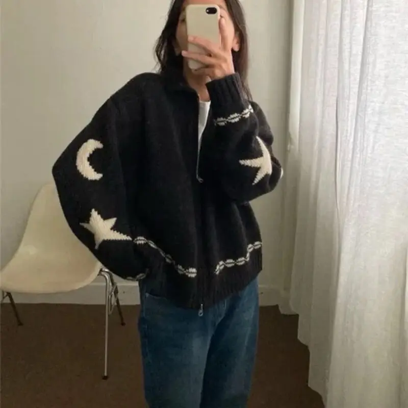 Casual Woolen Coat Women, Sweater Jacket, Soft, Little Fresh, Moon Stars Contrasting Colors Cardigan Artistic Coat Autumn Winter