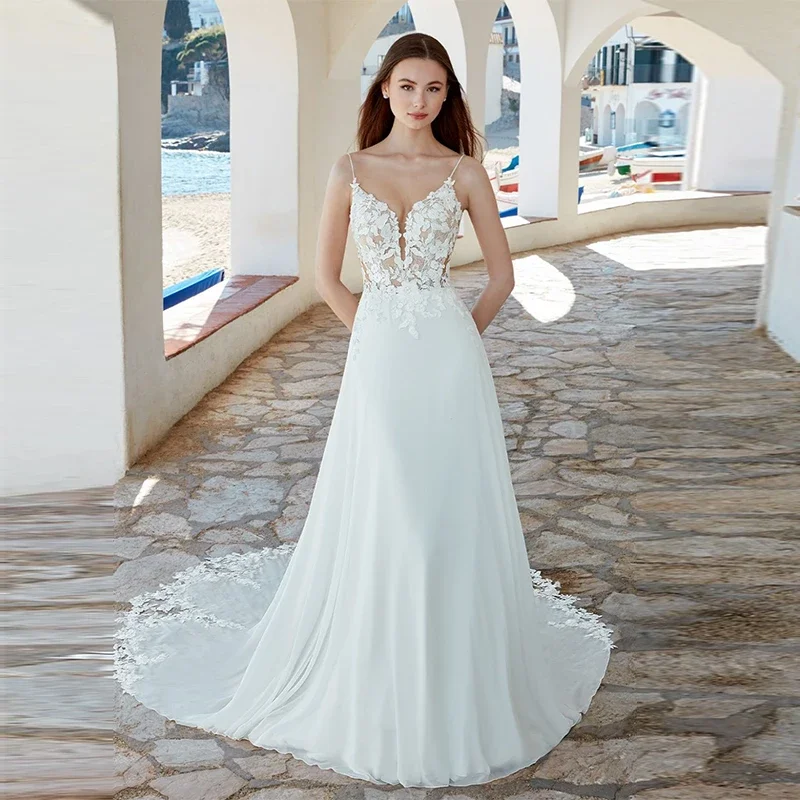 مثير السباغيتي الأشرطة فساتين الزفاف الأبيض الدانتيل يزين ألف خط الخامس الرقبة طول الأرض الشيفون زي العرائس Vestidos De Novia
