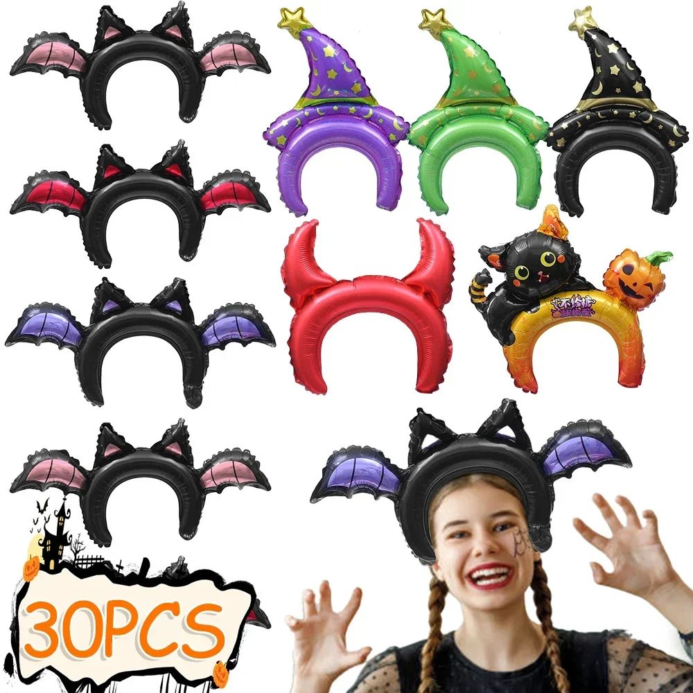 5/30pcs Halloween Balloon Headband Pumpkin Bat Devil Horns Hair Hoop Aluminum Film Inflatable Balloon Halloween Party Decoration