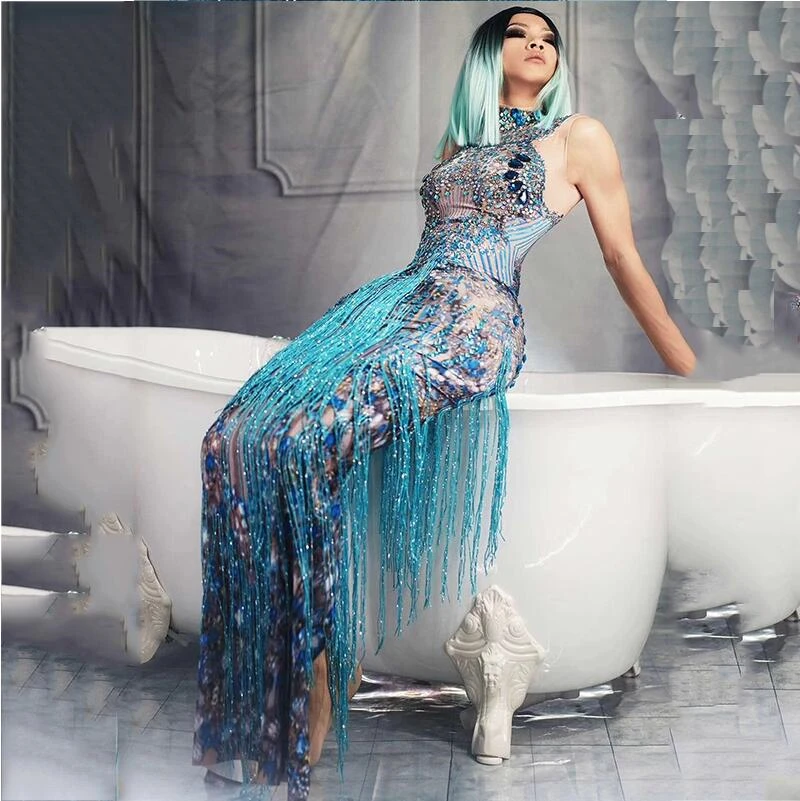 

Shining Women Rhinestone Crystal Blue Tassel Dress Sleeveless Evening Stage Costume Party Club Festival Clothing