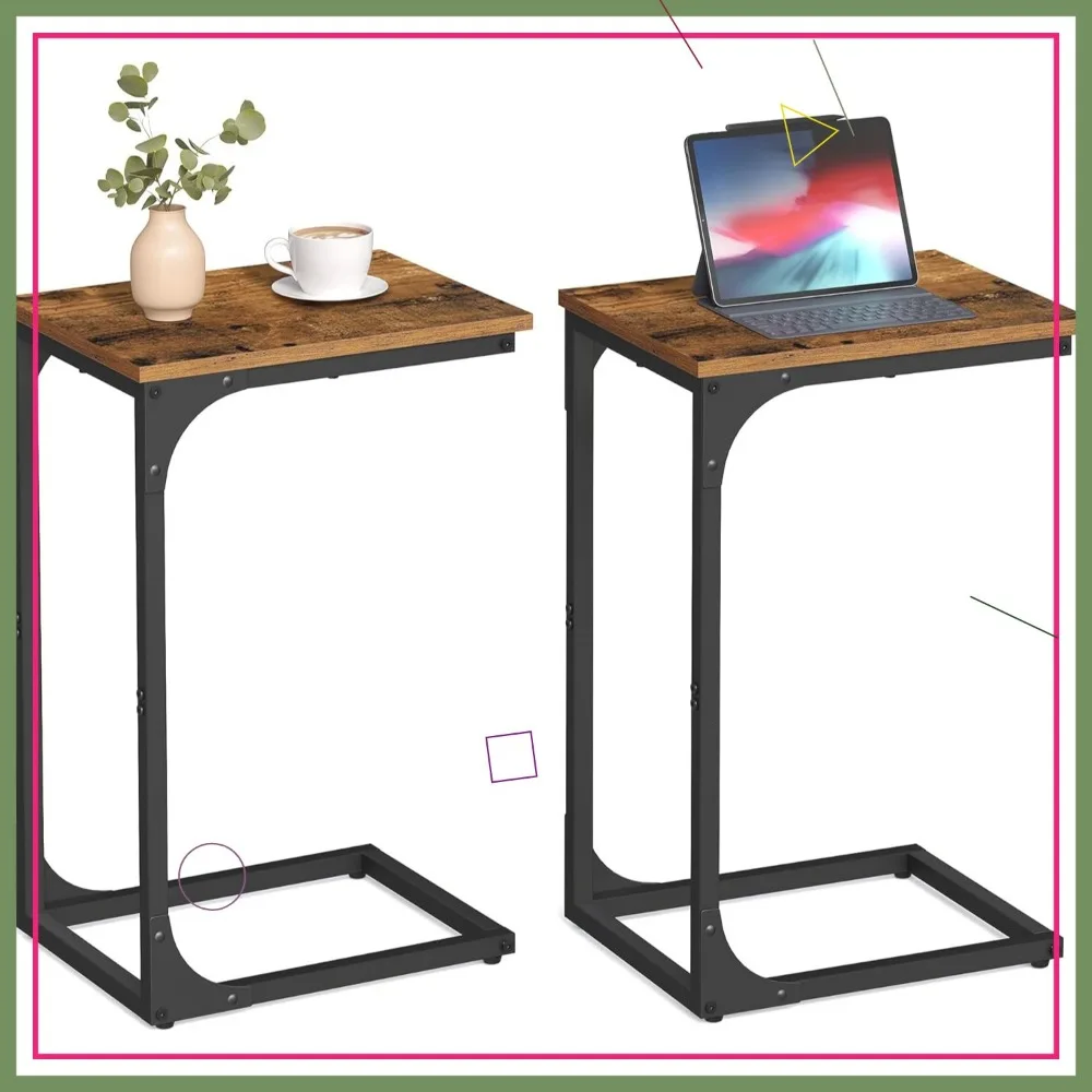 ชุดโต๊ะข้างรูปตัว C 2 ชิ้น โต๊ะข้างโซฟาทรงเพรียวบางพร้อมโครงโลหะสำหรับห้องนั่งเล่นและห้องนอนในสีน้ำตาลชนบท