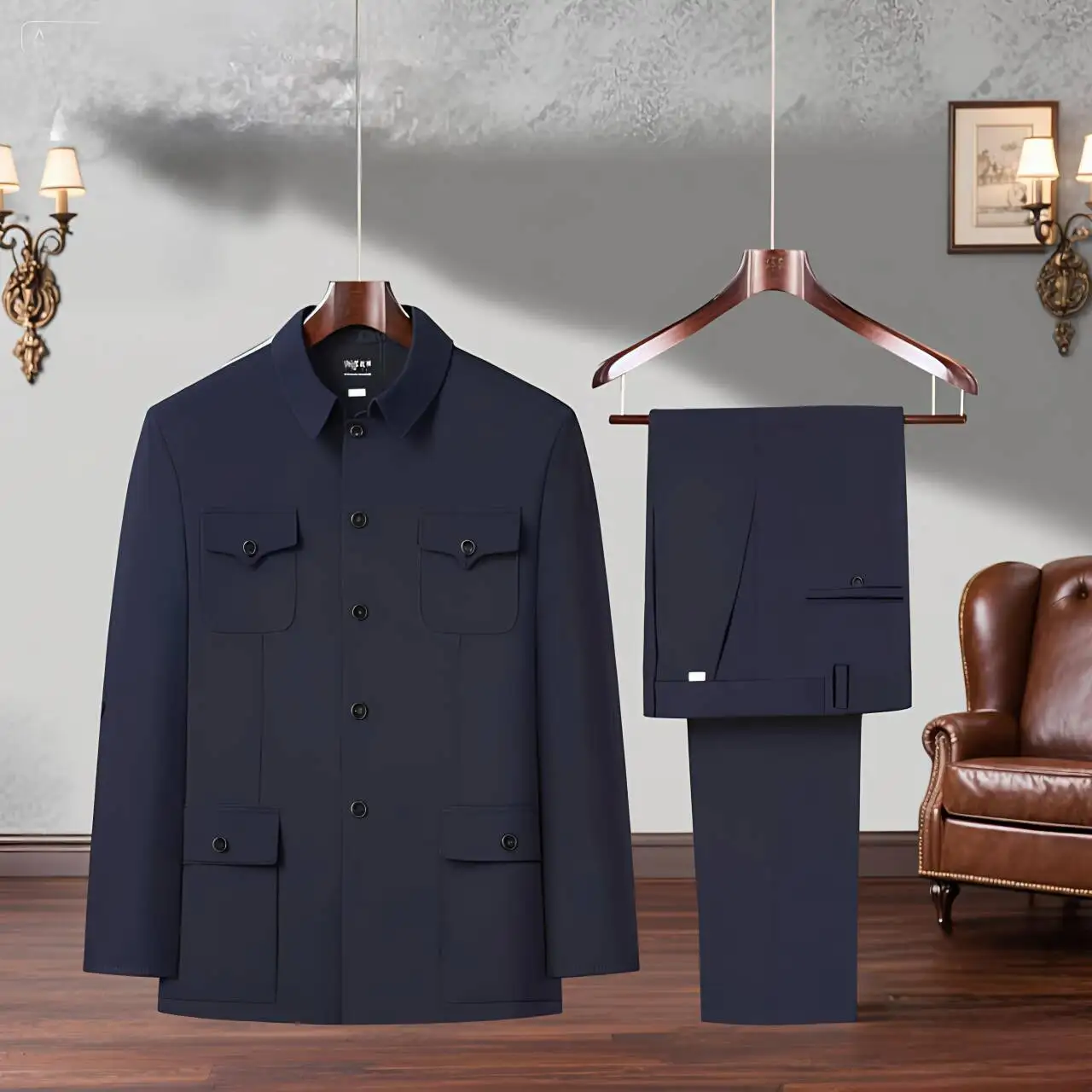 Men Mao Suit Navy Blue Zhongshan Jacket & Trouser 2PCS Twinset Outfits Asian Attire Traditional Chinese Ensemble Uniform Male