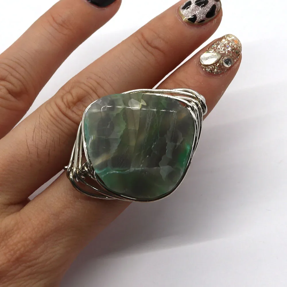 Irregular Agate Rings Natural Stone Fashion Jewelry Geometric Crystal Silver Color Wire Wrap Index Finger Ring for Women Gifts