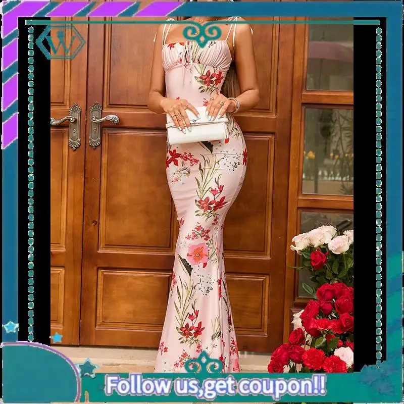 A09P Women's Summer Floral Bodycon Maxi Dress Spaghetti Strap Sleeveless Bohemian Maxi Dress