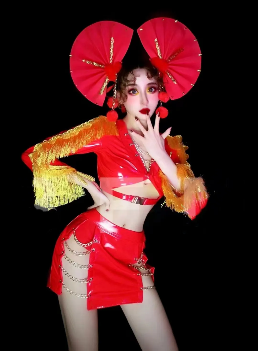 Traje de baile Gogo para fiesta y Bar, DJ, cantante, bailarina, ropa de escenario Sexy, cuero PU rojo, borla dorada, trajes Rave, ropa de actuación