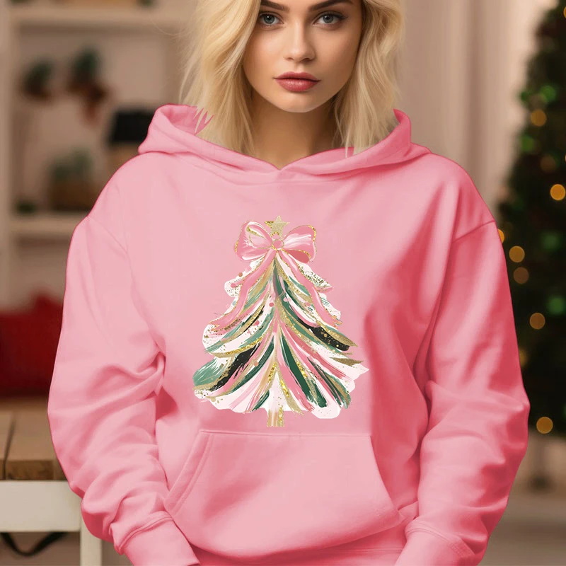 Long Sleeve Pink Hoodies Sweet Christmas Tree Print Funny Tracksuit Women Aesthetics Xmas Tree Hoody Fashion Creative Sweatshirt