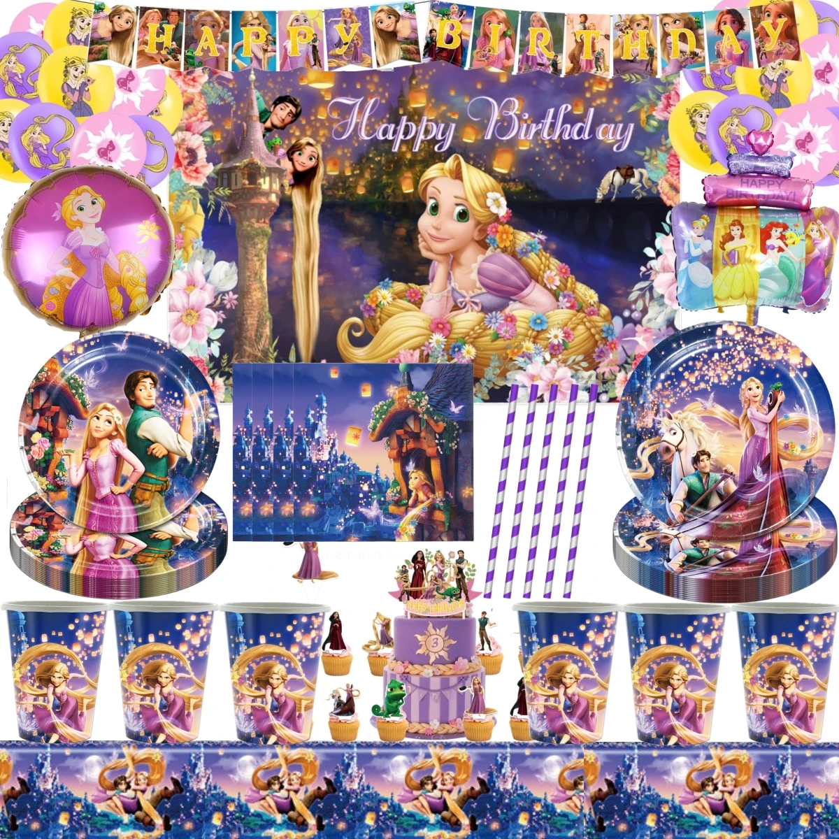 

Tangled Rapunzel Party Decoration Happy Birthday Banner Disney Princess Balloons Cup Cake Decor Baby Shower Girls Party Supplies