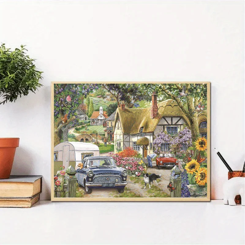 Rompecabezas grande, escena de campo inglés vintage con coches clásicos de cabaña y girasoles, rompecabezas desafiante de 1000 piezas, 27.