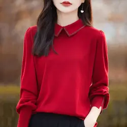 Temperament Fashion Autumn Sweaters Women's Solid Peter Pan Collar Diamonds Long Sleeve Bottoming Shirt Pullovers Knitted Tops