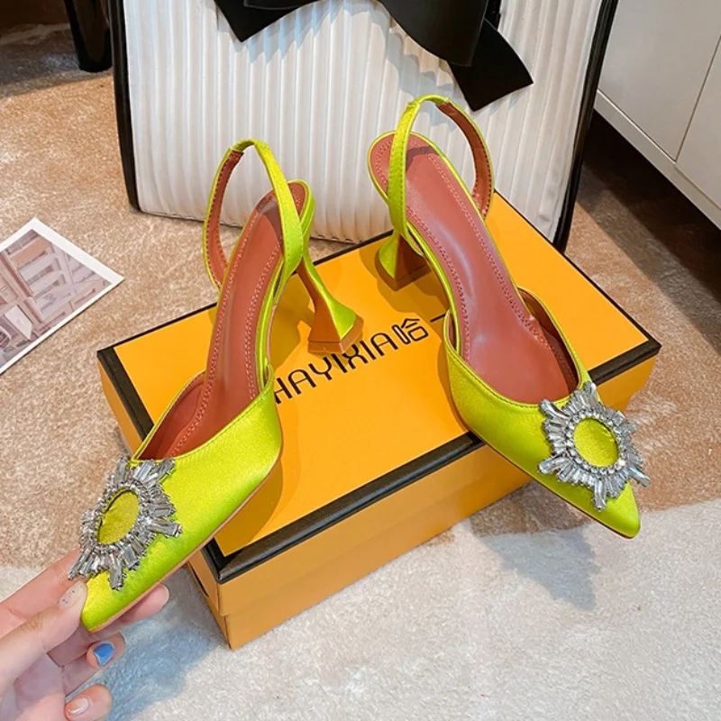 2024 Bow Rhinestone High Heels Sunflower Silk Pointed Party Sandals For Women Wedding Shoes