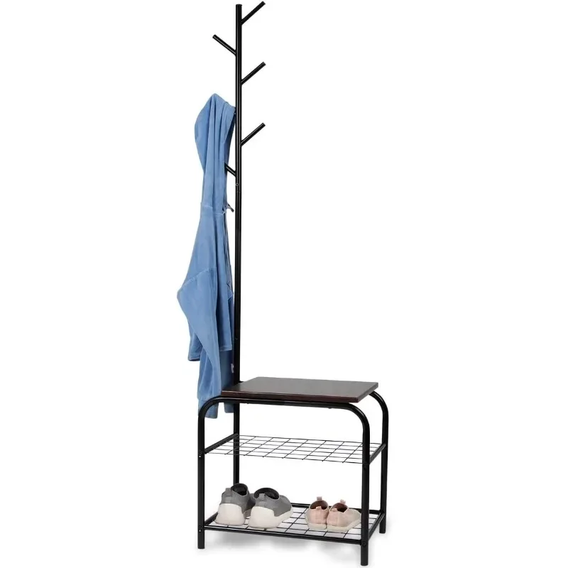 

Coat Rack Hall Tree with Bench (Black)