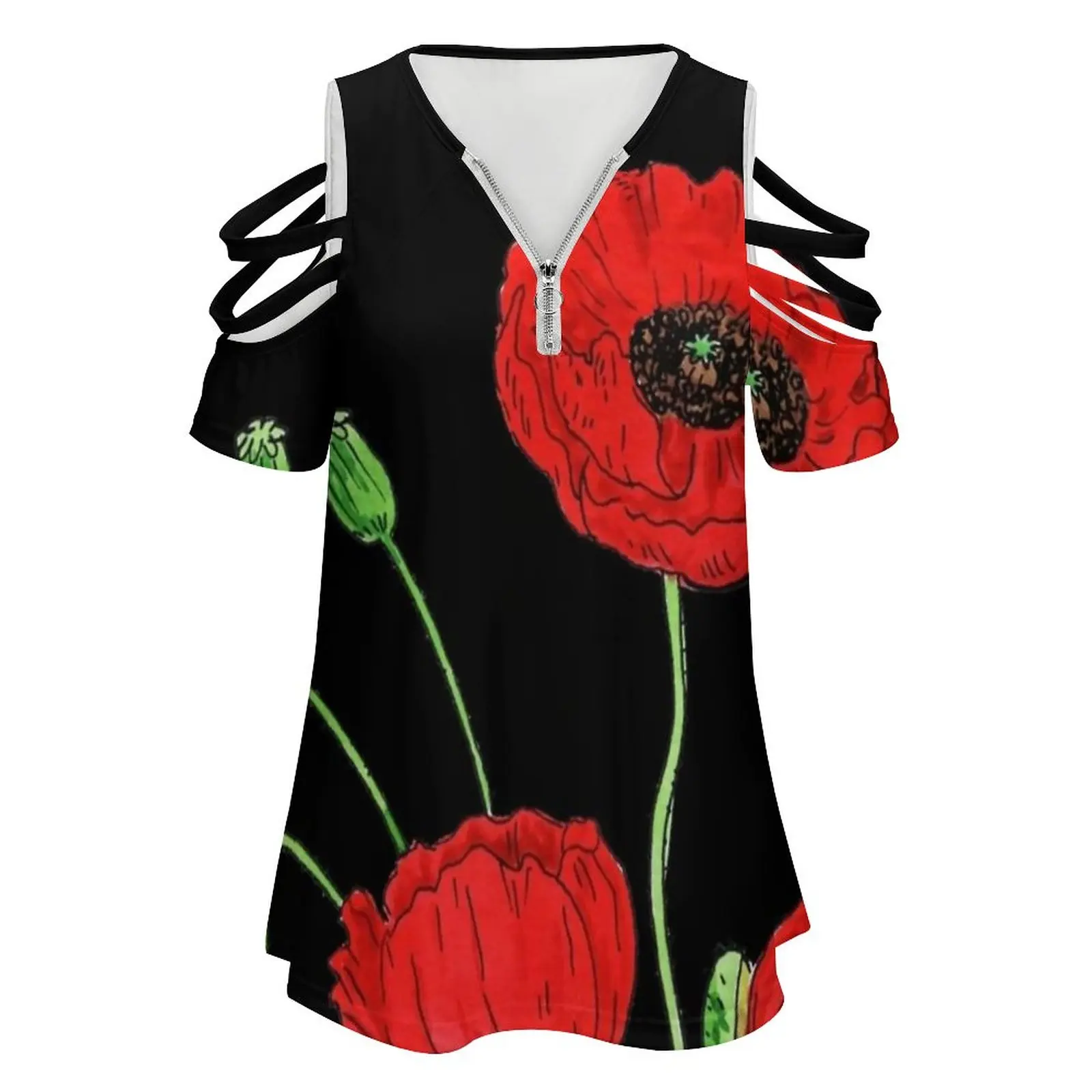 Red Poppy Flowers Watercolor Women Zipper Sexy Printed Vintage T Shirts Tops Full Print T-Shirt Red Poppy Flower Watercolor