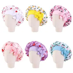 Kids Satin Bonnet Sleep Hat Silk Shower Cap for Child Hair Beanie at Night Boy Girls Flower Printed Silk Sleep Cap with Band Bow