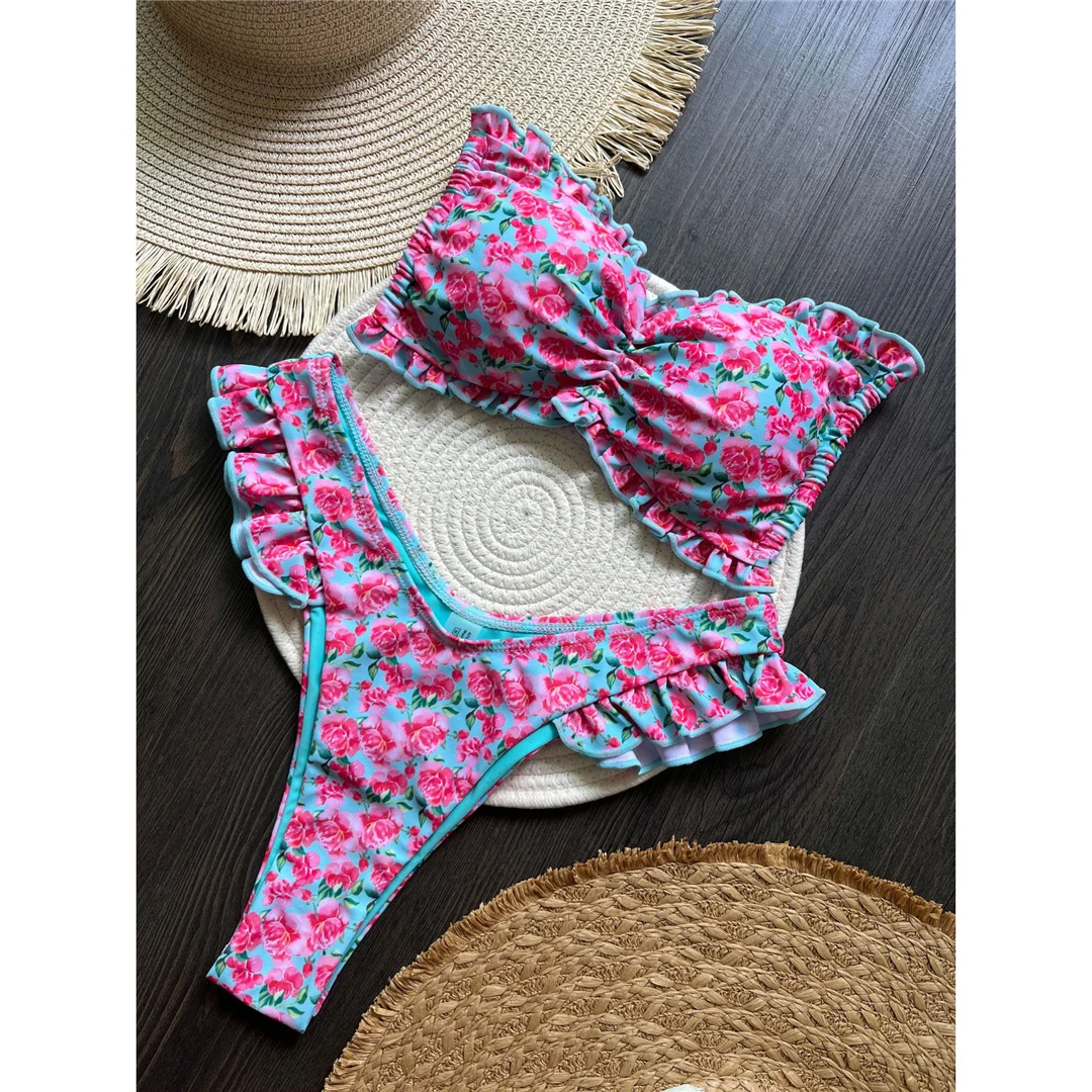 Sexy Blumenmuster, Rüschen-Bikini, Damen-Badeanzug, zweiteiliges Bikini-Set, Badebekleidung, Badeanzug, Modell V6044. – Detail 7