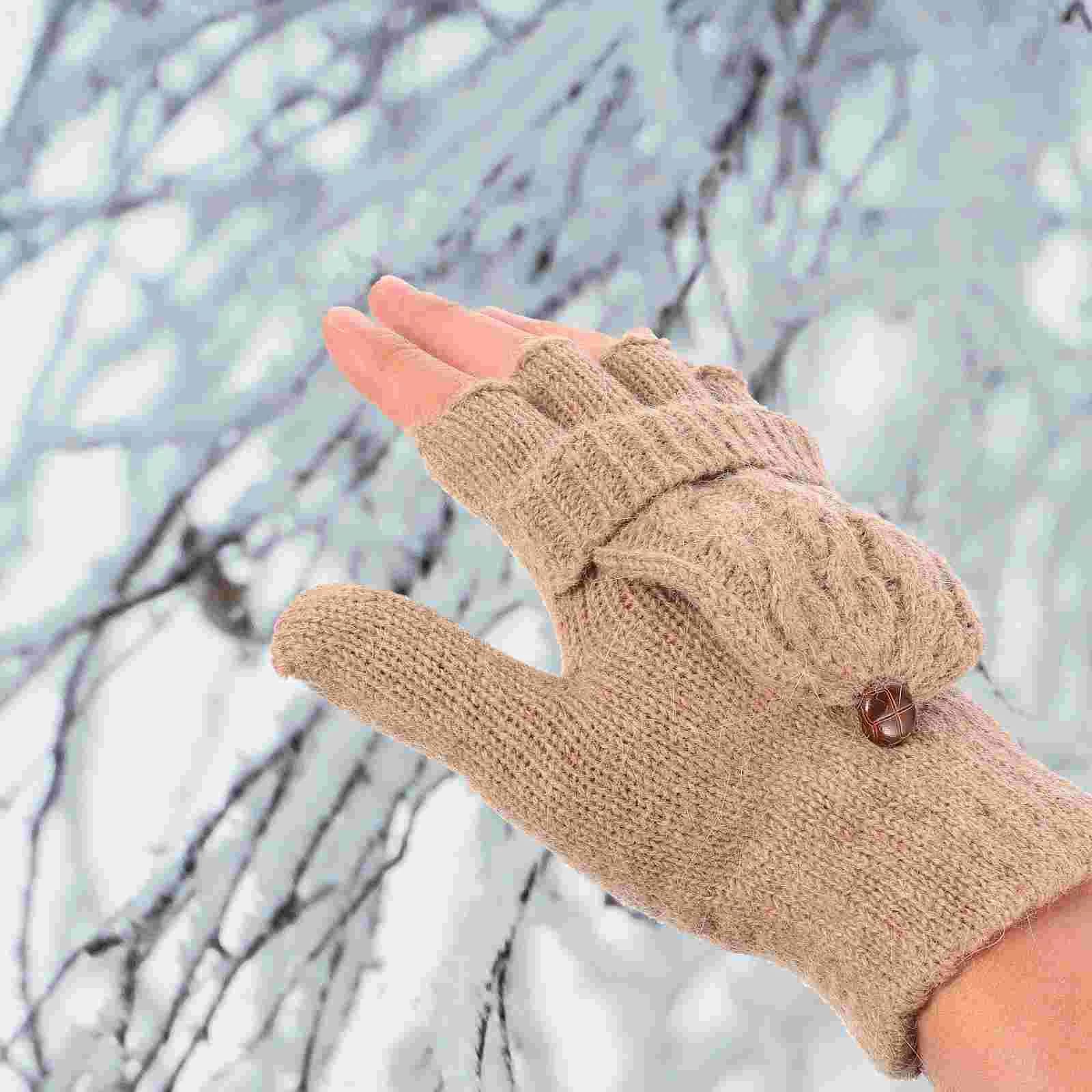 

Women Winter Warm Wool Knitted Convertible Fingerless Gloves With Mitten Cover (Brown) Mitten Gloves Women Fingerless Gloves