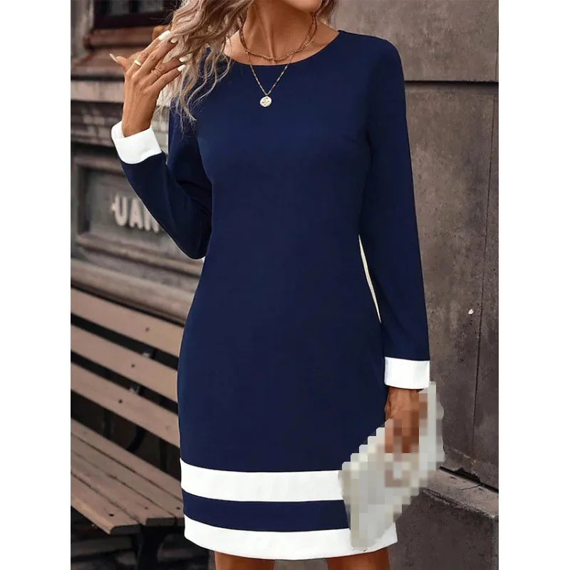 Women's Clothing Autumn Winter New Fashion Tight Fitting Color Blocked Dress Long Sleeved Round Neck Casual Women's Clothing