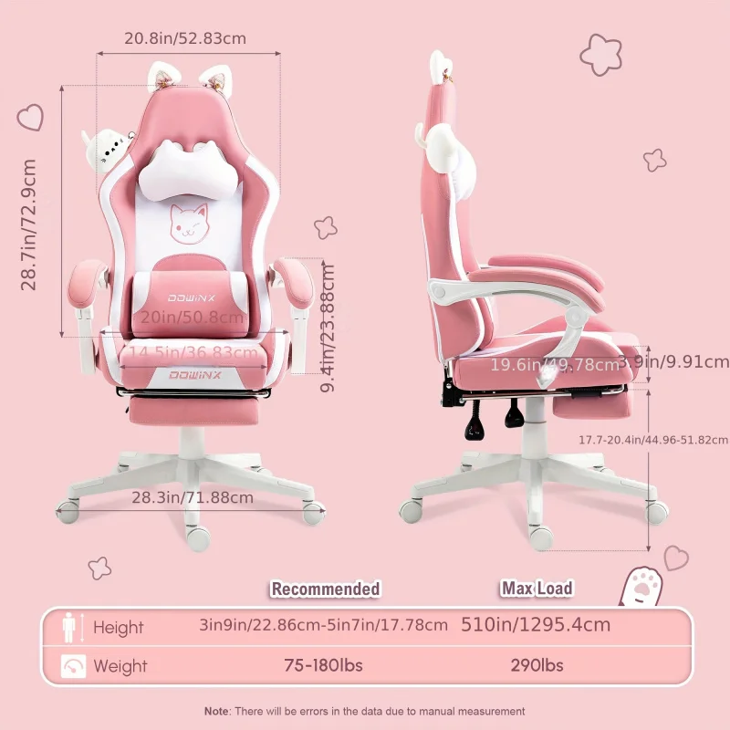 Dowinx Game Chair Cute Cat Ears Massage Lumbar Support，Ergonomic Computer Chair，With Pedal and Headrest，Suitable for Girls