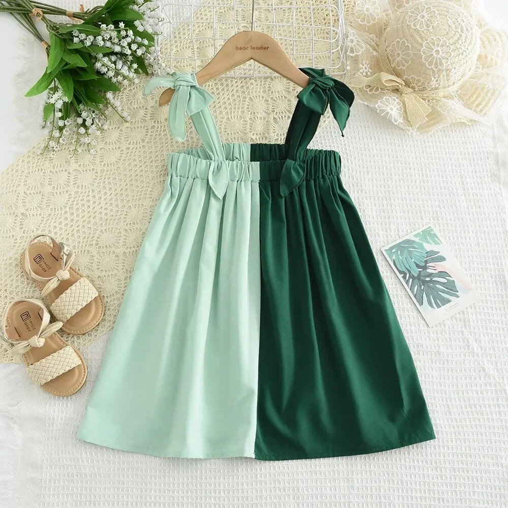 Summer Bow Spliced Suspender Dresses Pleated Square Collar A-line Dress Girls Green Clothing Sweet and Cute Children's Clothing