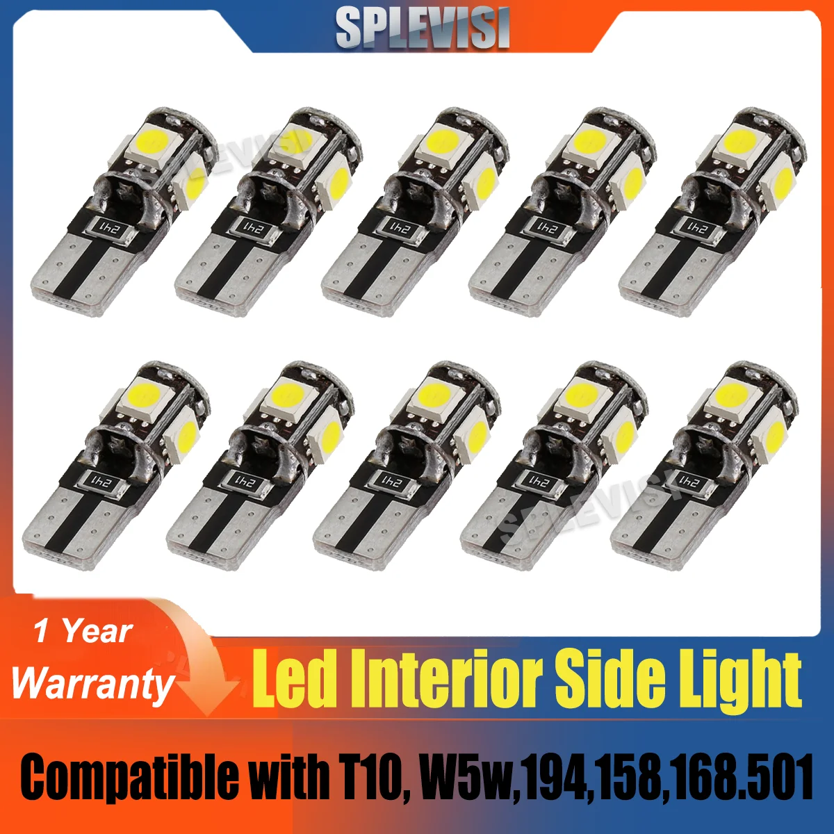 

501 T10 Led Car Bulbs Direct Replacement Interior Side Light Led Error Free Canbus 5 Smd 6000K Xenon White 10pcs