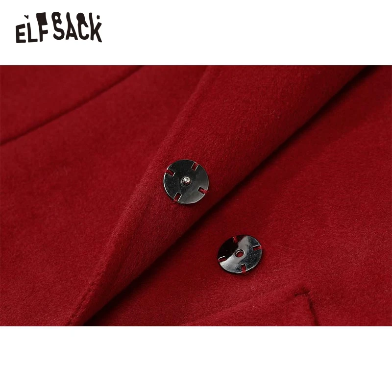 ELFSACK Red Hooded Wool Coats Women Winter Mid-length Outwears