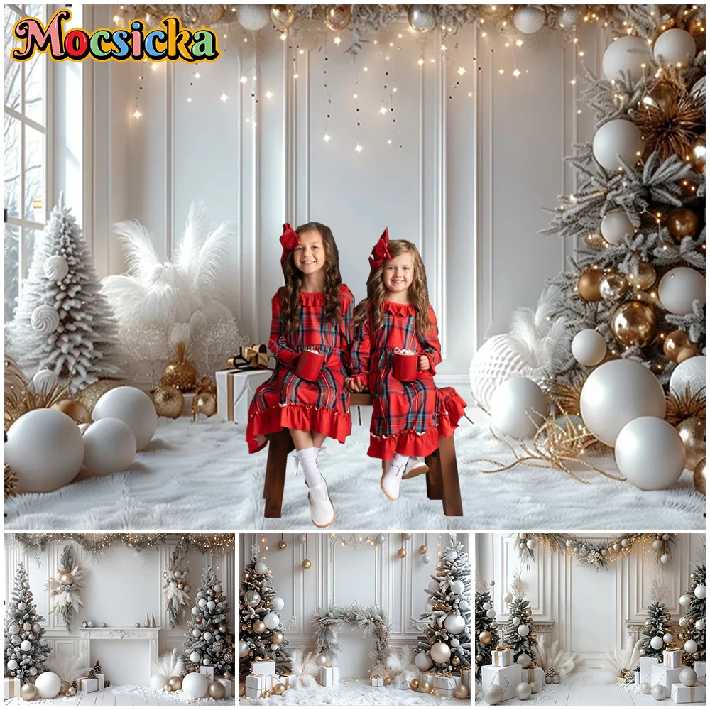 

Mocsicka White Christmas Backdrop New Year Party Fireplace Tree Decoration Festival Photography Background Studio Prop Wallpaper