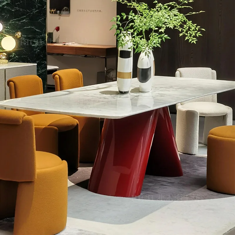 Cary ice jade marble dining table stainless steel red high-gloss paint modern rectangular home dining table