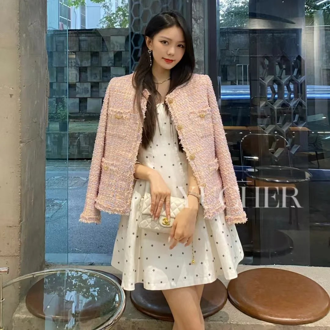 2024 autumn new women's senior design sense of niche top small fragrance pink thousand gold wind thin short coat