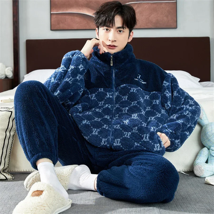 

Letter Print Winter Warm Pajamas Set Men Stand Collar Coral Fleece Coat + Long Pants Sleepwear Men's Clothing 2 Piece Loungwear