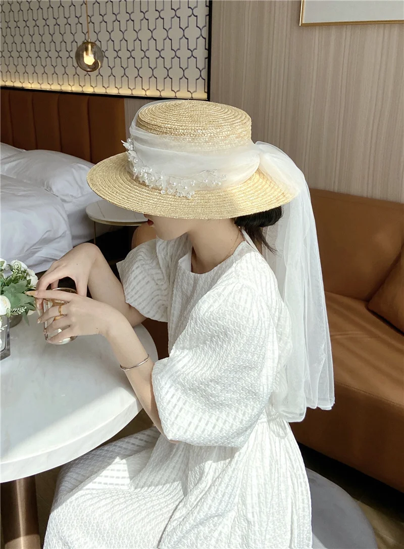 Sombrero de paja de malla con cuentas blancas para mujer, sombrero Retro francés de verano con velo de novia para novia, sombrero de ceremonia Mariage