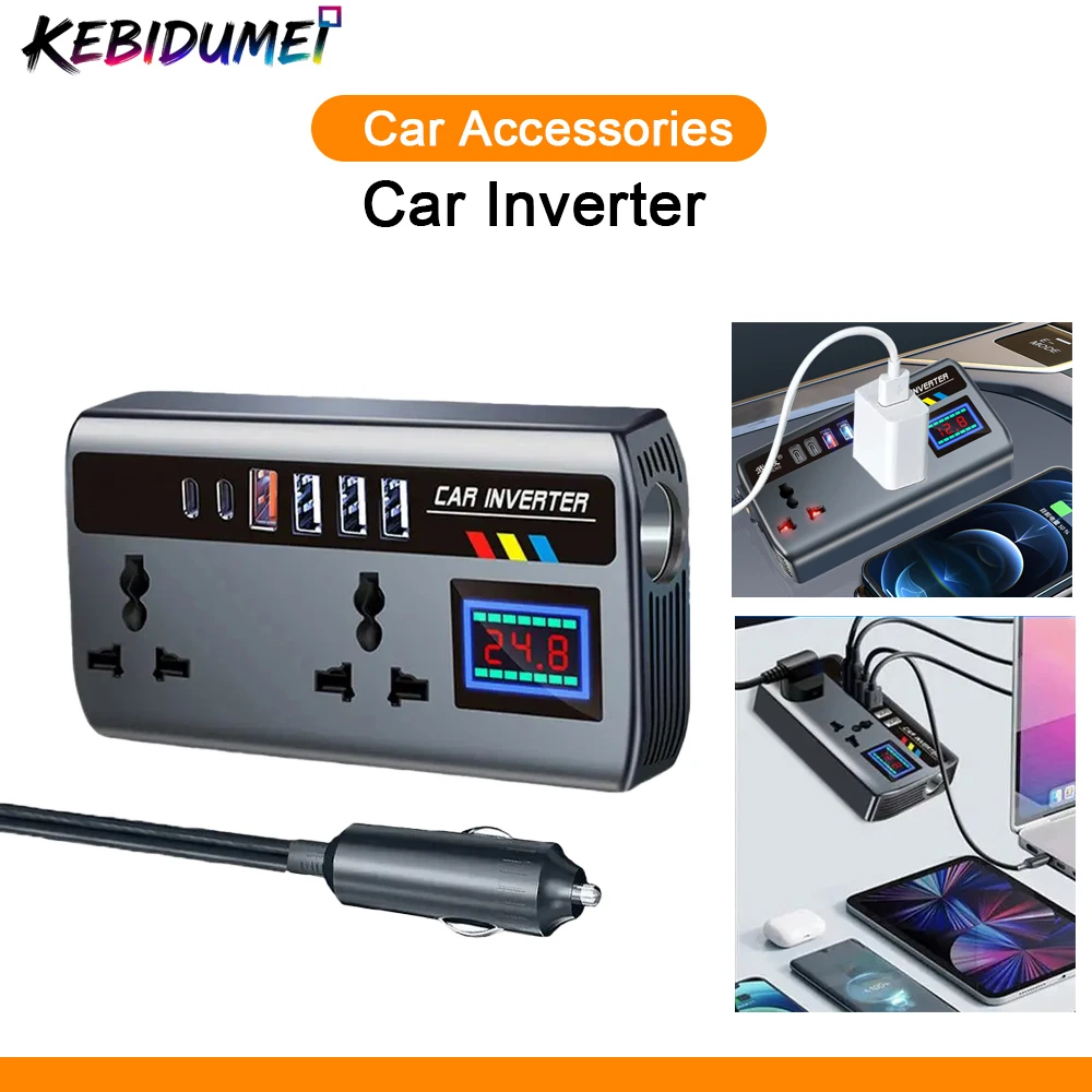 

KEBIDUMEI 200W Car Inverter PD+QC3.0 Power Converter 9 In 1 USB Phone Charger Cigarette Lighter Power Adapter Car Accessories