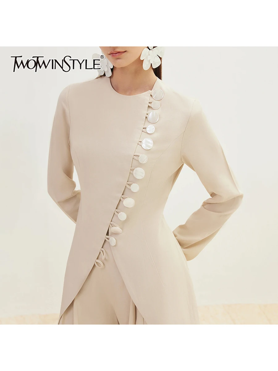 TWOTWINSTYLE Solid Spliced Single Breasted Elegant Jackets for Women Round Neck Long Sleeves Split Jacket Female Fashion Clothes