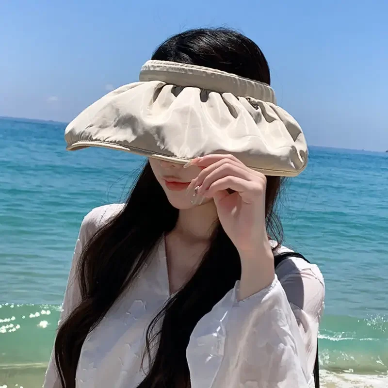 Summer Sun Hats Women Foldable Visor UV Protection Top Empty Solid Vacation Beach Sunscreen Baseball Cap Headband Sunscreen Cap