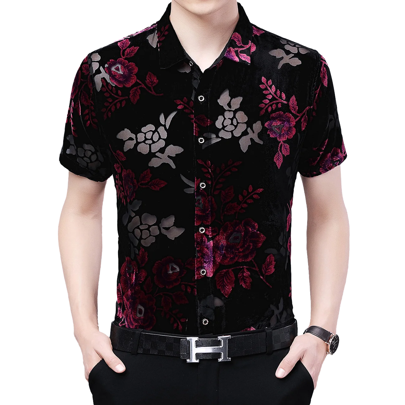 Mens Sexy Transparent Tops Summer & Spring Hollow Out Flowers Shirts Night Club Male See Through Silk Velvet  Dress Shirt