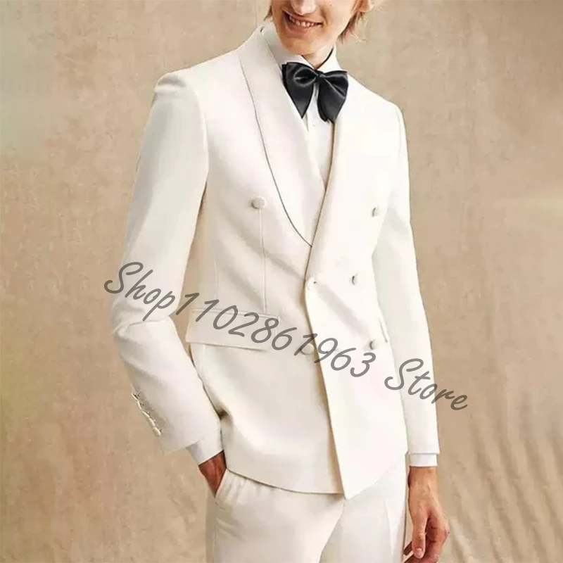 Fashion Men's White Suit Slim Fit Formal Wedding Male Tuxedos Tailor-made Double Breasted Blazer Pants 2 Piece Set Costume Homme