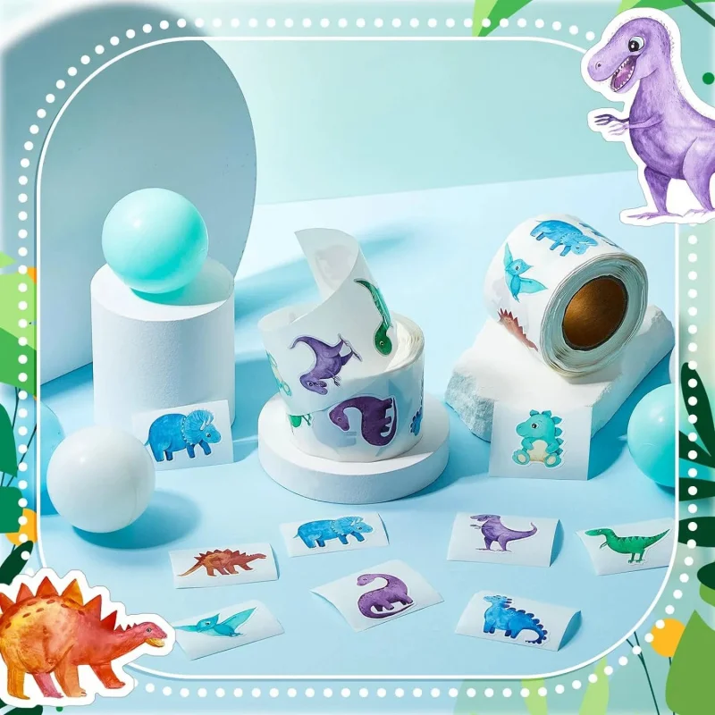 500Pcs/Cartoon dinosaur sticker roll，8Various Shaped Dinosaur Animal Gift Box Decorative Adhesive Labels，Notebook water cup deco