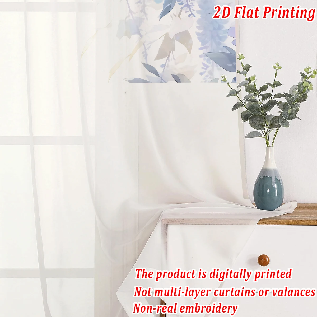 Cortina transparente com impressão plana de flores azuis, tecido leve, para sala de estar, quarto, porta de casa e decoração de janela