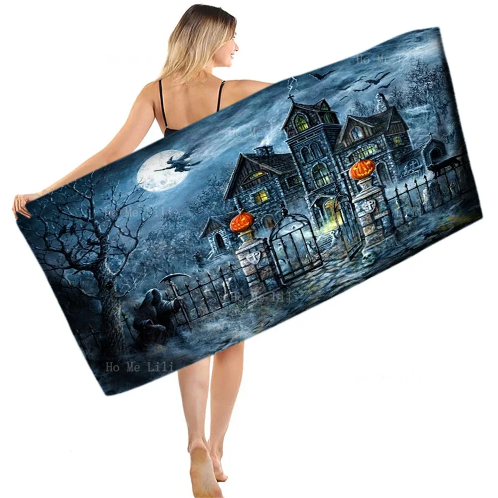 Haunted House Castle Grim Reaper Halloween Truck Witch Gnomes Skeleton Pumpkin King Happy Hallowmas Quick Drying Towel